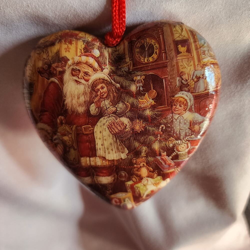 Vintage Decoupage Heart Shaped Ornament Old Fashion Christmas